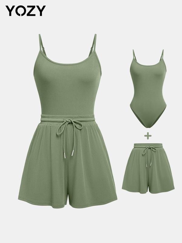 YOZY [10 colors, size 0 2-14]  Adjustable Strap Cami Bodysuit & Drawstring Wide Leg Shorts Set  Casual Round Neck Sphaghetti Strap Bodysuit & Elastic Shorts Set, 2024 Women's Wear for Summer, [XS-XXL]