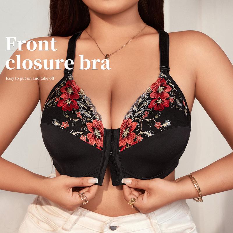 Plus Size Wireless Tank Bra - Convenient Front Closure, Embroidery, Push-Up, Ultra-Comfy, Back Support- Elegant Womens Lingerie And Underwear Fabric Womenswear Piece