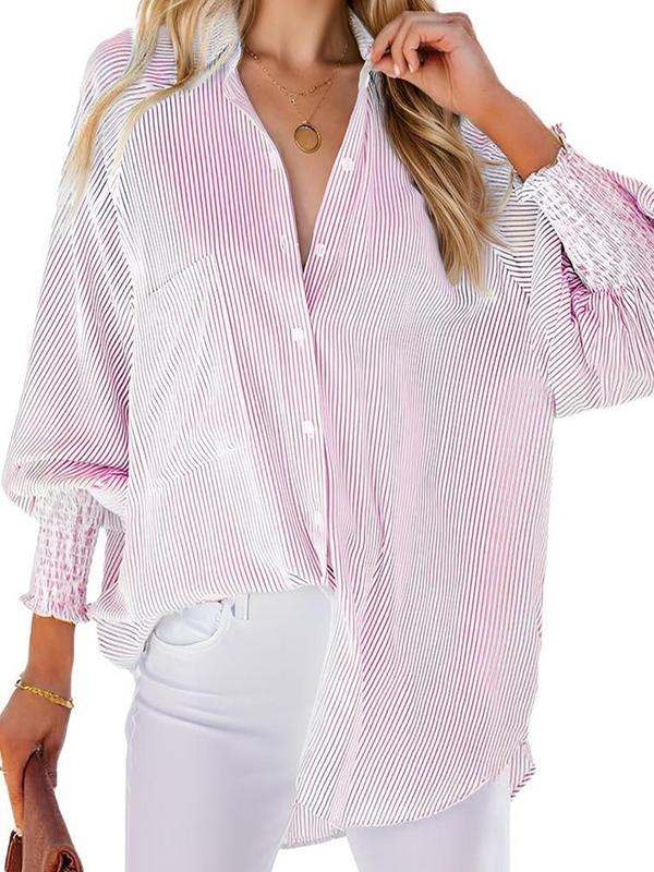 Women's Striped Print Flounce Sleeve Button Front Shirt, Casual Long Sleeve Collared Pocket Top for Spring & Fall, Women's Clothes for Daily Wear, Stockholm Outfit Style