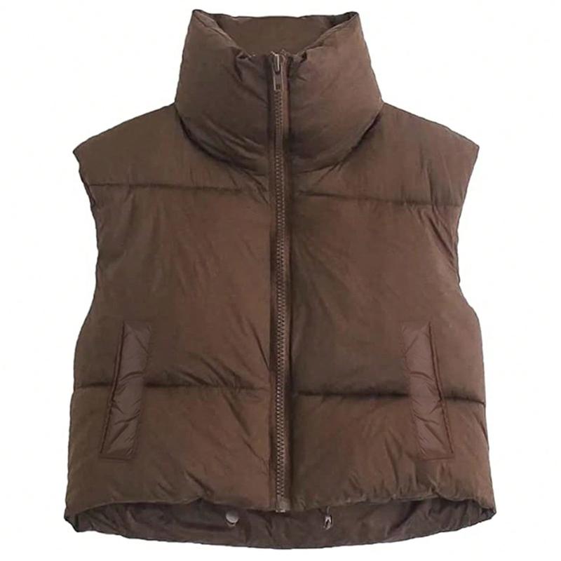 Women Winter Cropped Puffer Vest Lightweight Sleeveless Warm Stand Neck Zipper Outerwear Casual Jacket