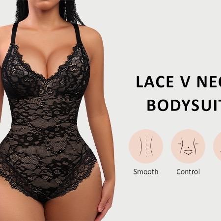 Lace Bodysuit for Women Tummy Control Shapewear V-Neck Sleeveless Tops Breathable Clothing