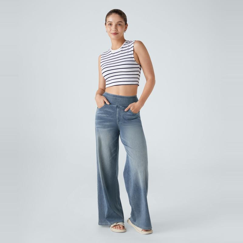 Halara Halara Flex™ High Waisted Multiple Pockets Wide Leg Washed Stretchy Knit Casual Jeans