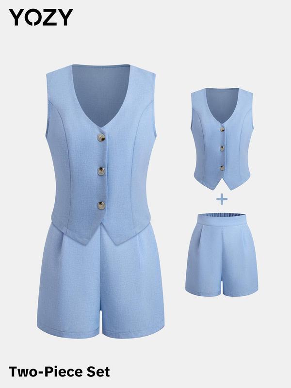 YOZY [9 colors] V Neck Button Front Blazer Vest & Pleated Wide Leg Shorts Set, Elegant Fashion Casual Tank Top & Elastic Waist Shorts Set, 2024 Women's Daily Outdoor Wear for Summer