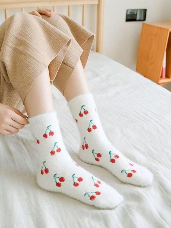 8 Pairs Of Strawberry Furry Socks for Women, Warm Winter Plush Slippers Fuzzy Socks,  Cute Fruit Design Soft Bed Socks, Perfect Gift for Her