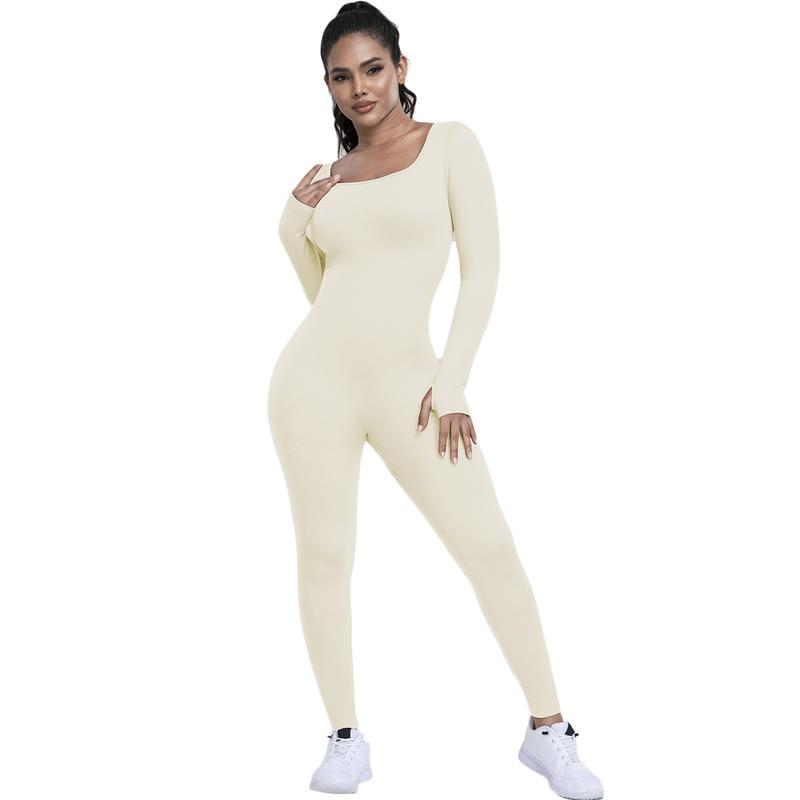 Kabuer Women's High Waisted Ribbed One-Piece Jumpsuit Abdominal Control Slim Womenswear Solid Cotton Skinny Comfort Longsleeves Collar Crew Neck