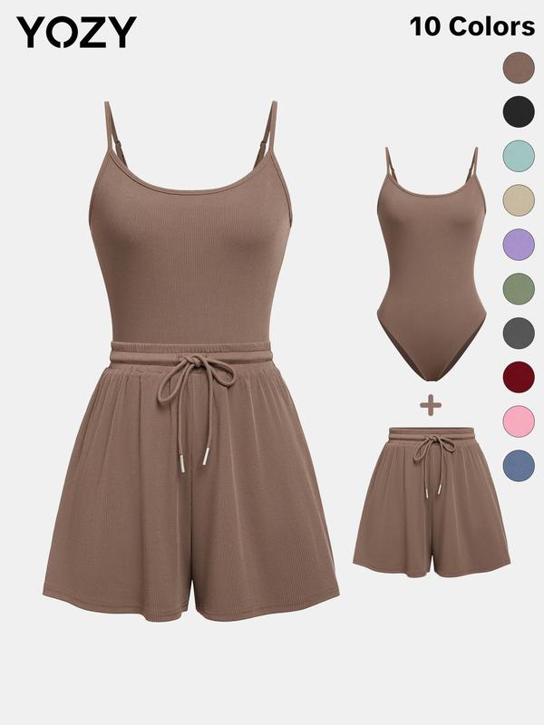 YOZY [10 colors, size 0 2-14]  Adjustable Strap Cami Bodysuit & Drawstring Wide Leg Shorts Set  Casual Round Neck Sphaghetti Strap Bodysuit & Elastic Shorts Set, 2024 Women's Wear for Summer, [XS-XXL]