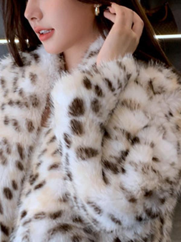 Women's Leopard Print Faux Fur Coat, Casual Long Sleeve Waterfall Collar Fuzzy Coat for Fall & Winter, Women's Clothing for Daily Wear