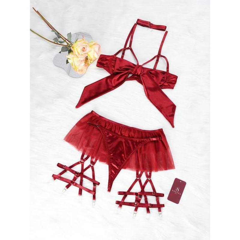 Women's 6pcs Sexy Silk Bow Front Push Up Bra Lingerie Set,Comfortable Underwear, girls conquet te outfit Nightdress Red  Black lingerieset Womenswear Lady sexy Sleepwear Elegance Feminine Basic Minimalist Nightgown Elegant Nightwear Spaghetti Strap