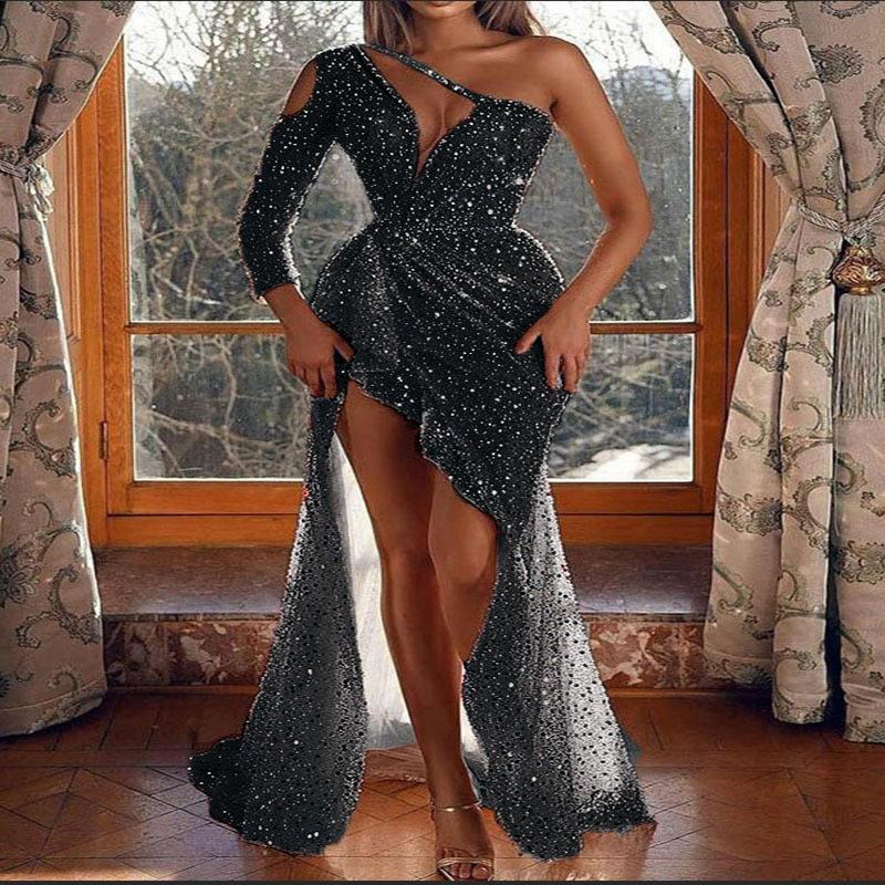 2024 Cross-Border Women's Clothing Dream Socialite Gathering Party Quality Sexy High Split Long Sleeve Sequined Banquet Evening Dress