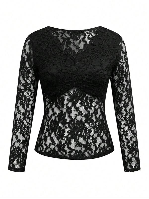 Women's Plain Lace Top, Elegant Fashion Casual V Neck Long Sleeve Top for Daily Outdoor Wear, Women Clothing for Spring Fall