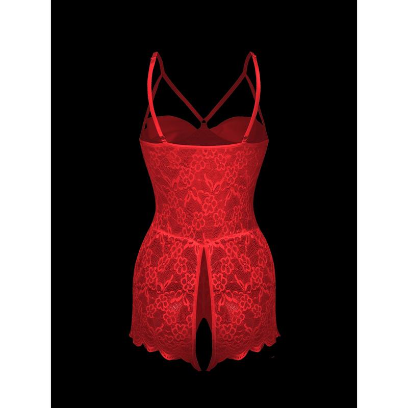 Sultry Floral Lace Teddy Bodysuit - Novelty & More Clothing, Cut Out Bow Backless Open Crotch, Sexy Women's Lingerie & Underwear, Perfect for Boudoir or Romantic Occasions Fabric Womenswear Comfort Polyester Basic Minimalist Spaghetti Strap lingerie