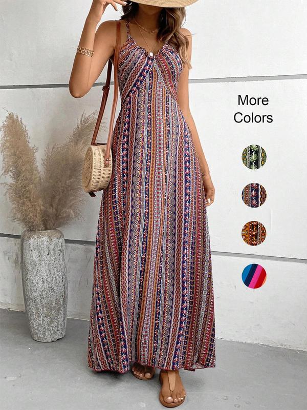 Women's Summer Ethnic Pattern Backless Split Thigh Cami Dress, Ladies Summer Clothes, Back To School Outfits, Boho Fashion Frill Trim Long Dress for Beach, Women's Summer Dresses