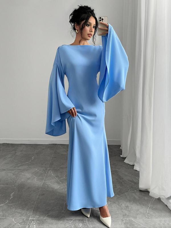 Women's Plain Tie Back Backless A Line Dress, Elegant Long Sleeve Long Dress for Party Holiday Wedding Guest, Ladies Spring & Fall Clothes