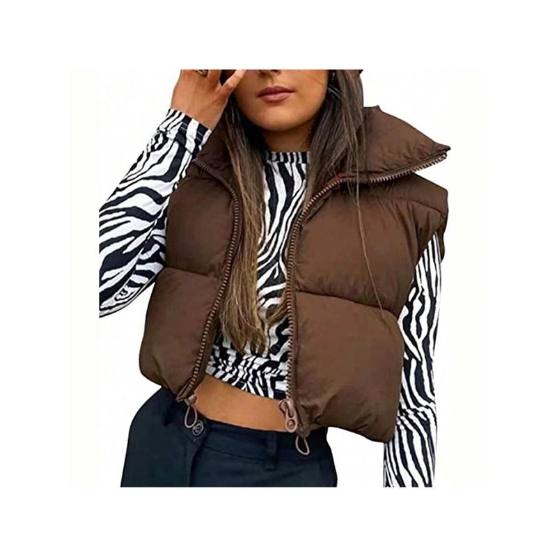 Women Winter Cropped Puffer Vest Lightweight Sleeveless Warm Stand Neck Zipper Outerwear Casual Jacket