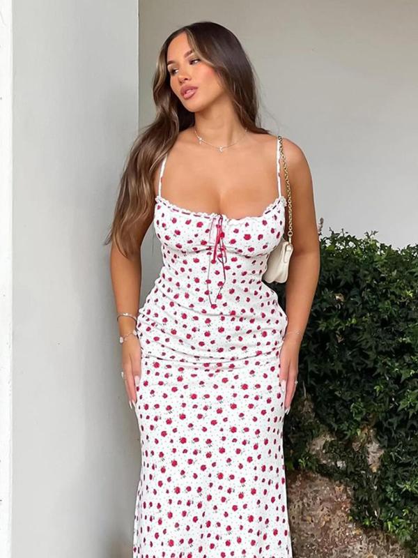 Women's Ditsy Floral Print Contrast Lace Tie Front Vintage Bodycon Cami Dress, Boho Sleeveless Backless Long Dress for Summer Beach Holiday Vacation Party Club, Ladies Clothes