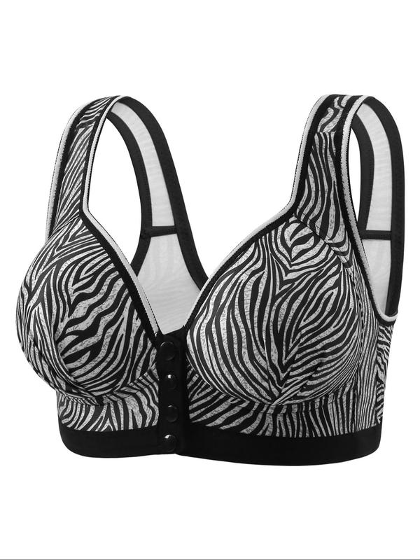 Women's Striped Print Wireless Push Up Bra, Casual Comfortable Breathable Buckle Front Bra for Daily Wear, Lingerie for All Seasons