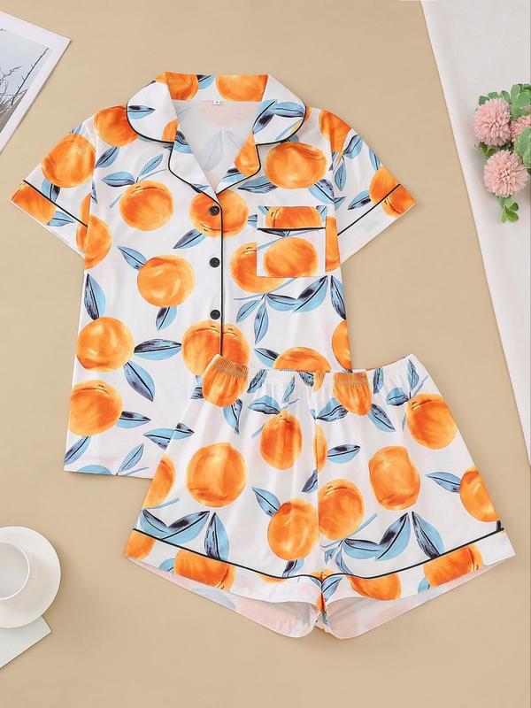 Two-Piece Set Women's Back To School All Over Fruit Print Button Front Shirt & Elastic Waist Shorts Pajama Set, Cute Short Sleeve Lapel Top & Shorts Pj Set, Summer Sleepwear Set, Two Piece Set Women, Summer Wear 2024, Homewear, Birthday Gifts