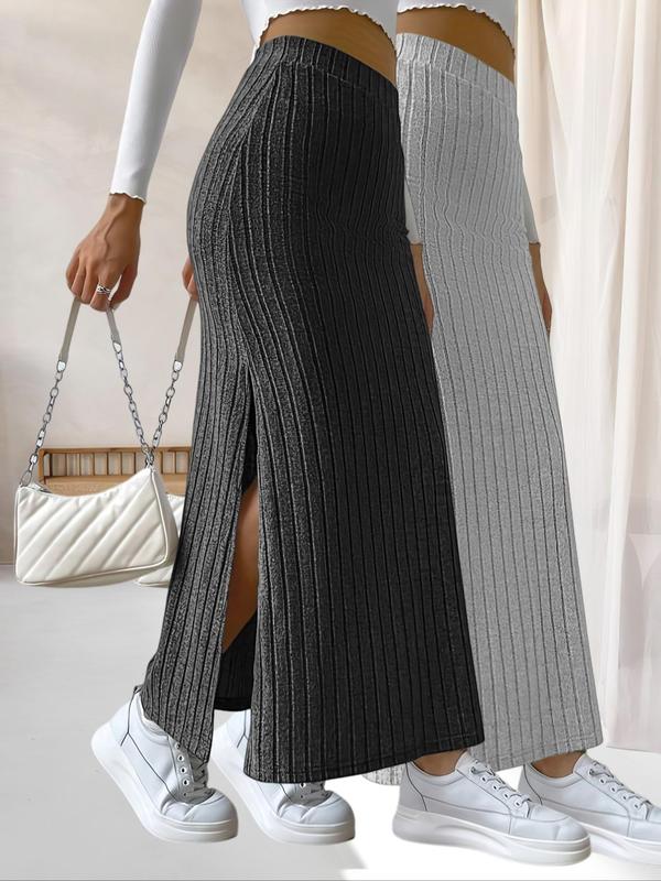 Women's Solid Split Thigh Skirt, Elegant Fashion Casual Cozy Knit Skirt for Daily Outdoor Wear, Women's Knit Bottoms for Fall & Winter