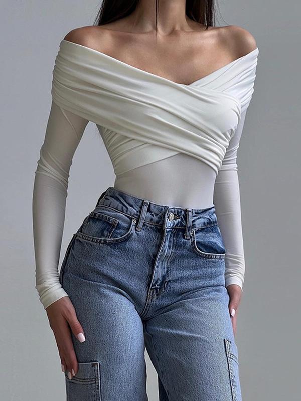 Women's Plain Ruched Wrap Off Shoulder Bodysuit, Elegant Long Sleeve Bodysuit for Spring & Fall, Women's Clothing for Daily Wear