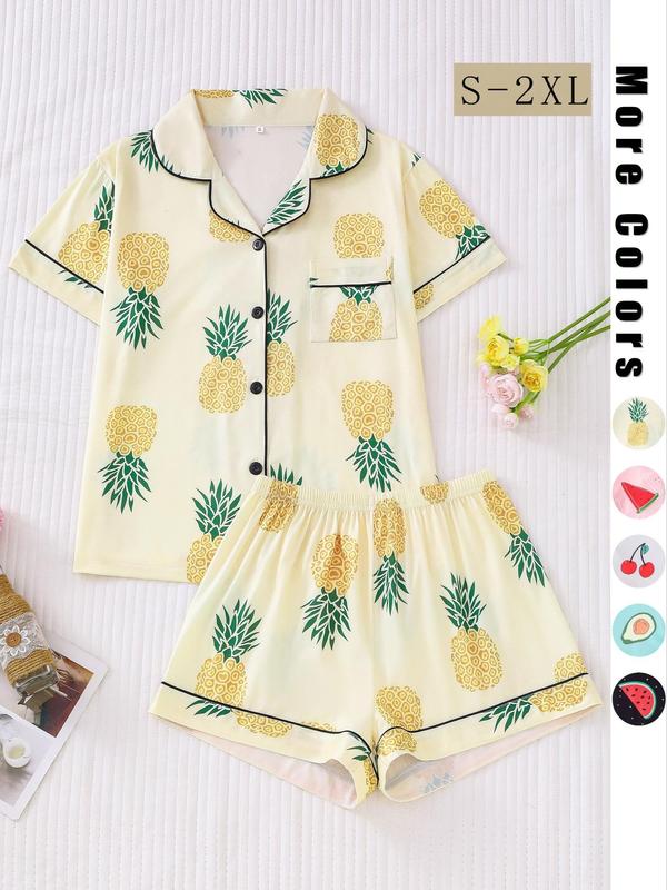 Two-Piece Set Women's Back To School All Over Fruit Print Button Front Shirt & Elastic Waist Shorts Pajama Set, Cute Short Sleeve Lapel Top & Shorts Pj Set, Summer Sleepwear Set, Two Piece Set Women, Summer Wear 2024, Homewear, Birthday Gifts