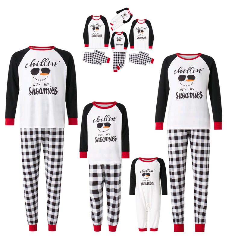 Matching Christmas Pajamas For Family Sunglasses Letter Print Long Sleeve Tops and Plaid Pants Sleepwear