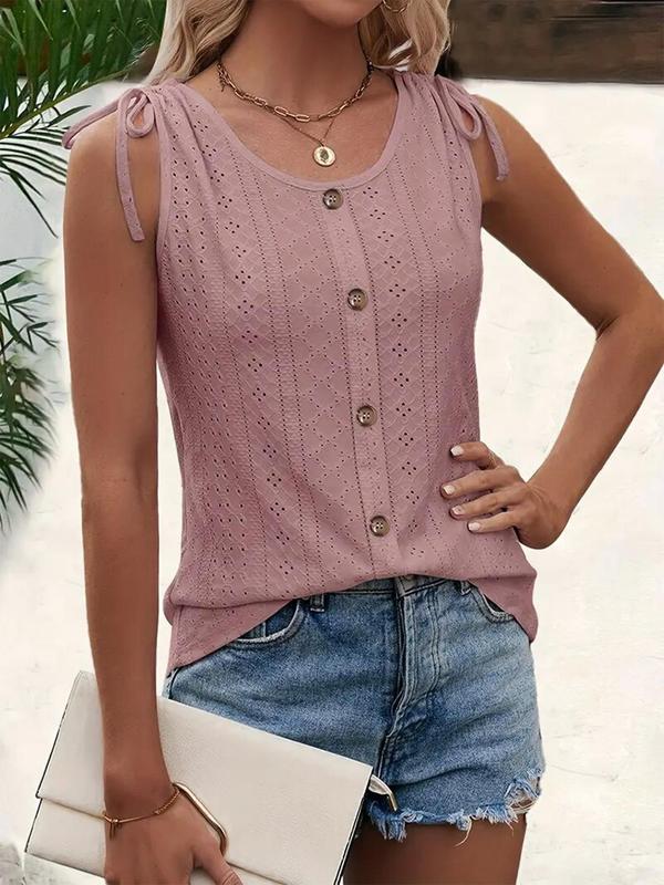 Women's Eyelet Embroidery Drawstring Tie Shoulder Tank Top, Casual Sleeveless Round Neck Button Decor Top, Women's Summer Clothes for Daily Wear, Vacation Outfits 2024