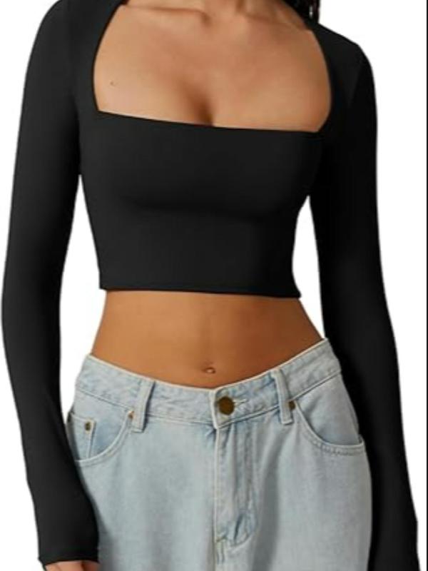 Women's Solid Scoop Neck Crop Tee, Casual Long Sleeve T-shirt for Spring & Fall, Mitsy Crop Top, T Shirts for Women, Women's Tops Clothes for Daily Wear