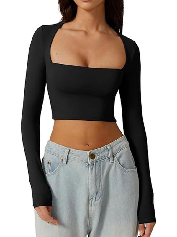 Women's Solid Scoop Neck Crop Tee, Casual Long Sleeve T-shirt for Spring & Fall, Mitsy Crop Top, T Shirts for Women, Women's Tops Clothes for Daily Wear