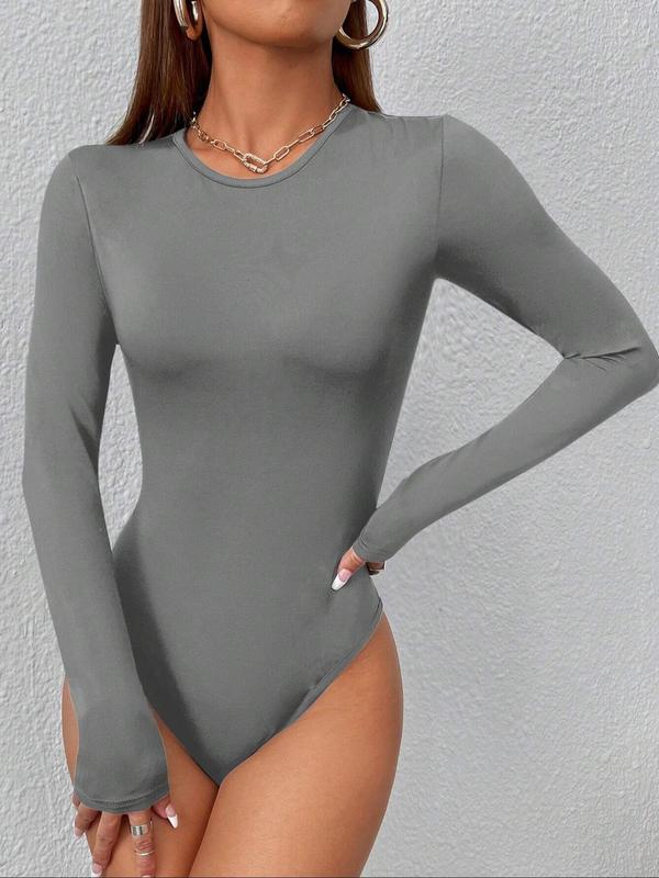 Women's Solid Color Long Sleeve Round Neck Bodysuit, Casual Comfy Bodysuit for Daily Wear, Ladies Clothes for All Seasons