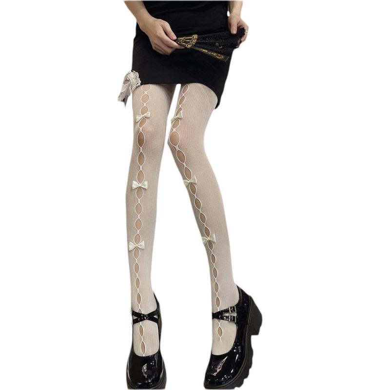 Women Lace Pantyhose Y2K Bow Knot Decors Hollow Out Sheer Comfortable Tights Lolita Fishnet Stockings Sexy Leggings for Party Club