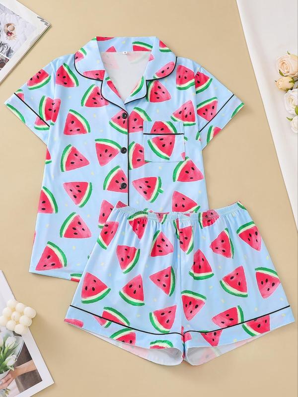 Two-Piece Set Women's Back To School All Over Fruit Print Button Front Shirt & Elastic Waist Shorts Pajama Set, Cute Short Sleeve Lapel Top & Shorts Pj Set, Summer Sleepwear Set, Two Piece Set Women, Summer Wear 2024, Homewear, Birthday Gifts