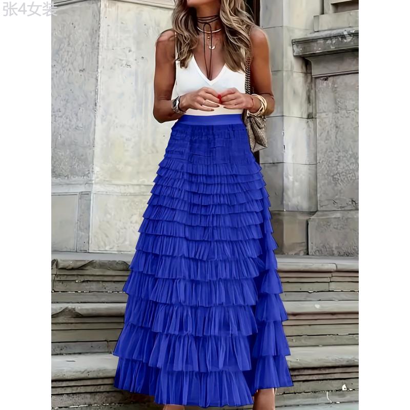 Solid Layered Ruffle Mesh Trim Skirt, Elegant High Waist Skirt For Spring & Fall, Women's Clothing Fabric Womenswear