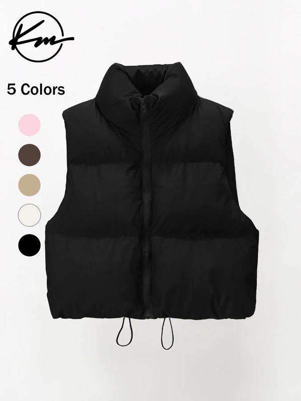 Women's Solid Drawstring Waist Zip Up Crop Winter Vest Coat, Casual Stand Collar Sleeveless Outerwear for Fall & Winter, Women's Crop Tops for Daily Wear