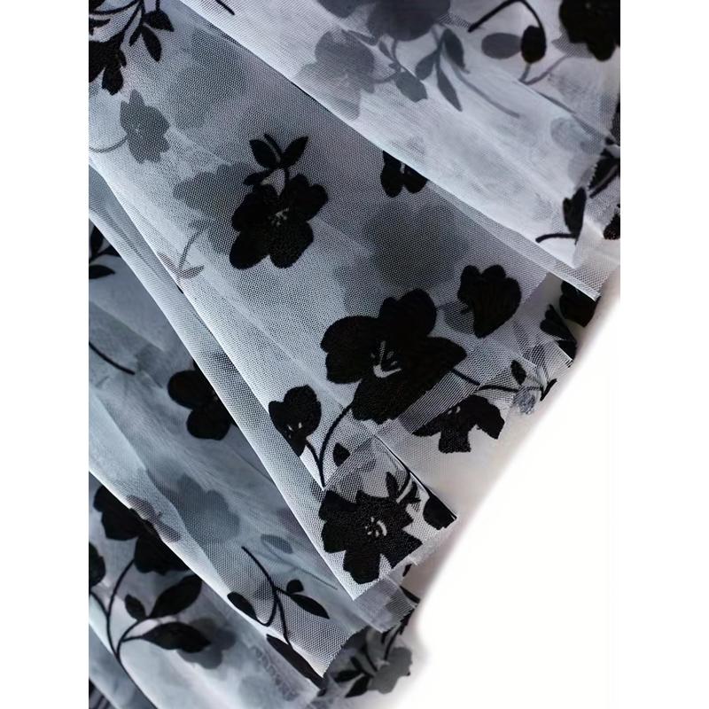 Plant Print Tulle Skirt, Elegant High Waist Long Skirt, Women's Clothing