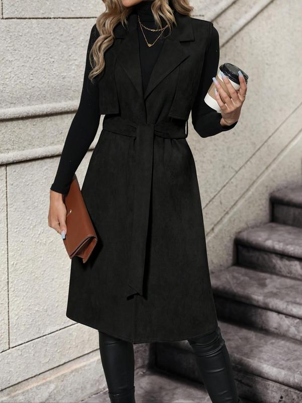 Women's Solid Lapel Belted Vest Coat, Coats for Women, Casual Fashion Longline Outerwear for Daily Outdoor Wear, Women's Clothing for Fall & Winter, Going Out Outfits