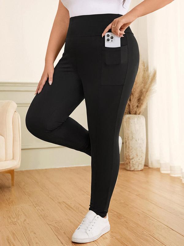 CURVZY Plus Size Solid High Waist Pocket Leggings, Casual Comfy Breathable Skinny Pants for Daily Wear, Women's Bottoms for All Seasons