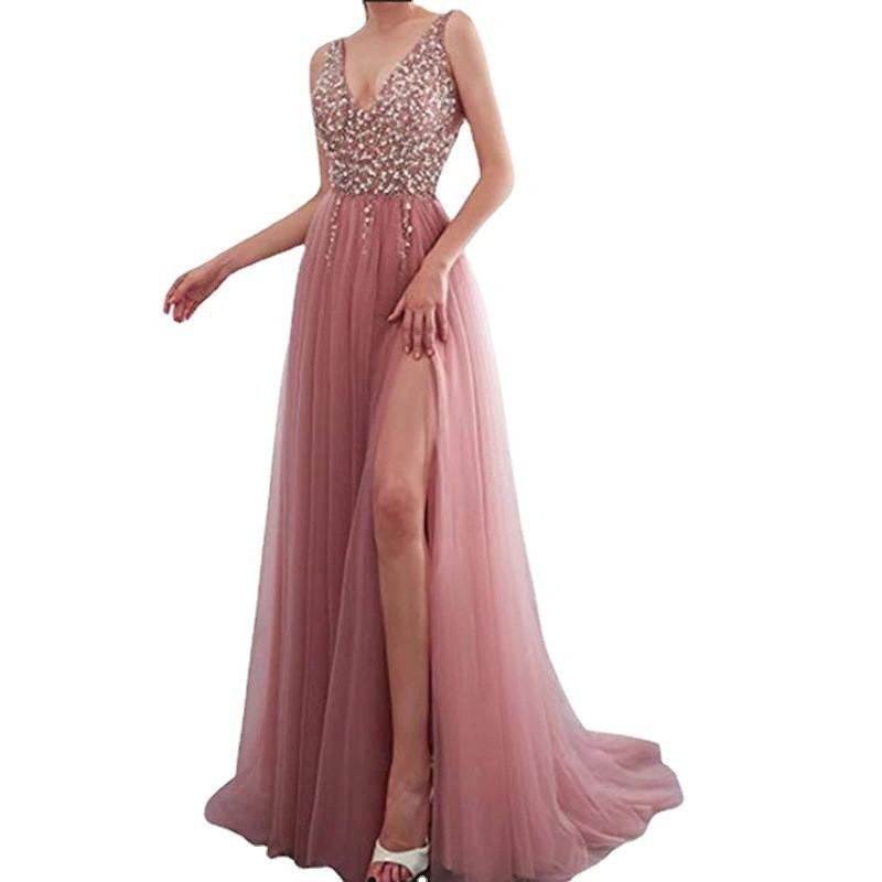 Pink Embroidered Sequin Deep V Sequined Maxi Dress Evening Gown