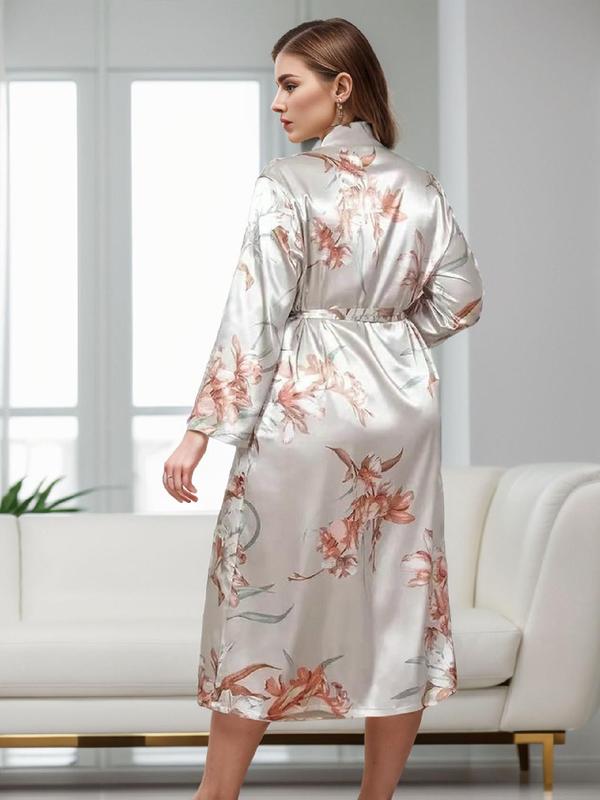 Plus Size Floral Print Belted Satin Robe, Casual Comfy Long Sleeve Dressing Gown, Women's Sleepwear for All Seasons