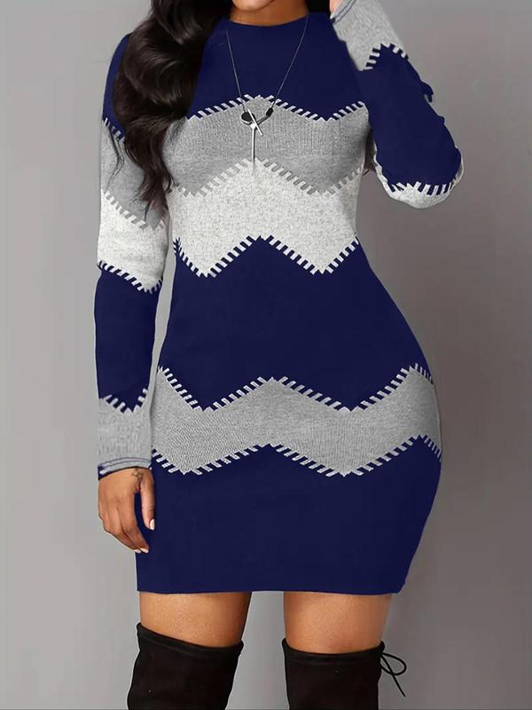 Women's Plus Size Chevron Print Bodycon Dress without Necklace, Elegant Long Sleeve Round Neck Knit Dress, Women Plus Clothes for Fall & Winter