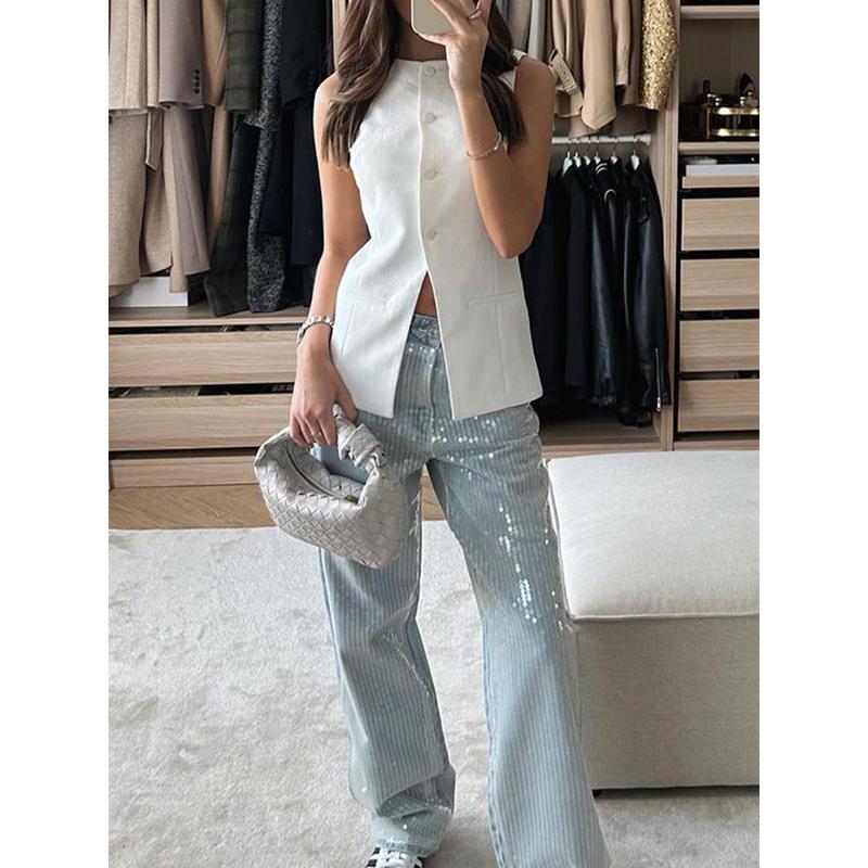 New Fashion Women’s Button Down Waistcoat Vest Sleeveless Round Neck Solid Color Slim Fit Tops Dressy Suit Vest