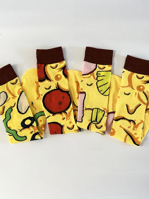 Women's Cartoon Pizza Print Mid-calf Socks, Cute Comfy Breathable Socks for Daily Wear, Women's Socks for All Seasons