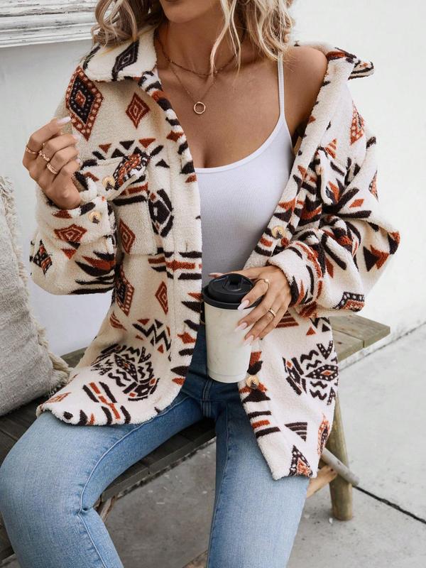 Women's Ethnic Pattern Button Front Pocket Plush Jacket, Casual Drop Shoulder Long Sleeve Collared Outerwear for Fall & Winter, Ladies Clothes for Daily Wear