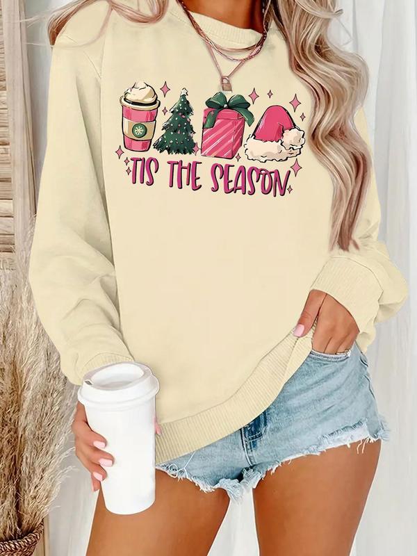 Women's Christmas Themed Letter Print Drop Shoulder Sweatshirt, Casual Long Sleeve Round Neck Pullover for Daily Wear, Ladies Clothes for All Seasons