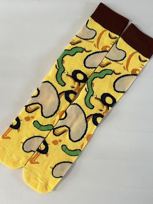 Women's Cartoon Pizza Print Mid-calf Socks, Cute Comfy Breathable Socks for Daily Wear, Women's Socks for All Seasons