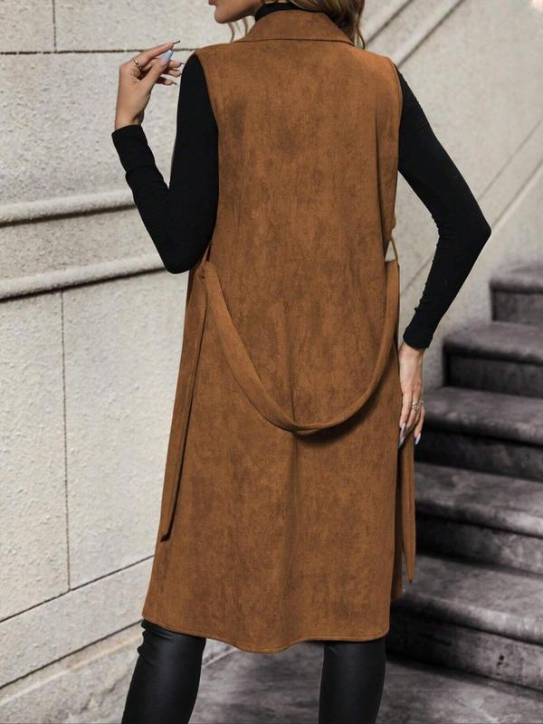 Women's Solid Lapel Belted Vest Coat, Coats for Women, Casual Fashion Longline Outerwear for Daily Outdoor Wear, Women's Clothing for Fall & Winter, Going Out Outfits