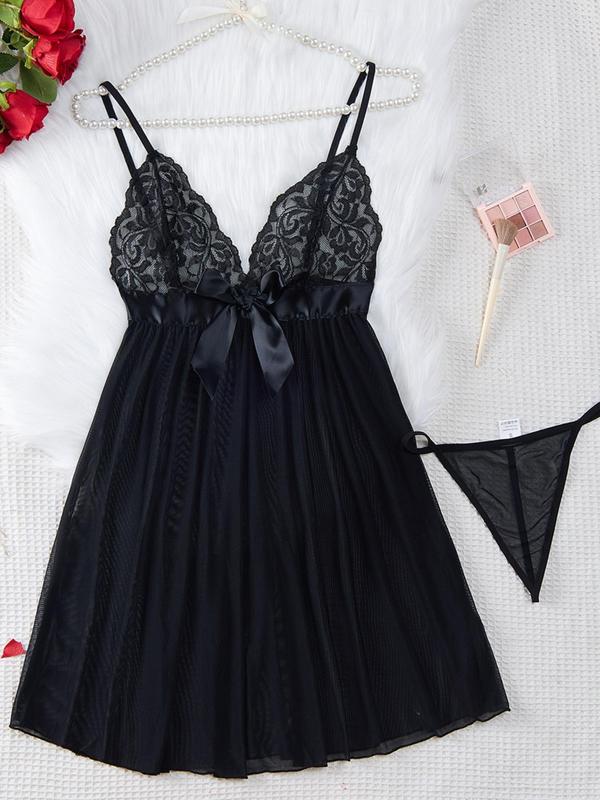 Women's 2pcs Floral Lace Bow Front Sheer Tulle Cami Nightdress & Thong Set, Elegant Romantic Sexy Lingerie Set for Daily Wear, Ladies Summer Clothes