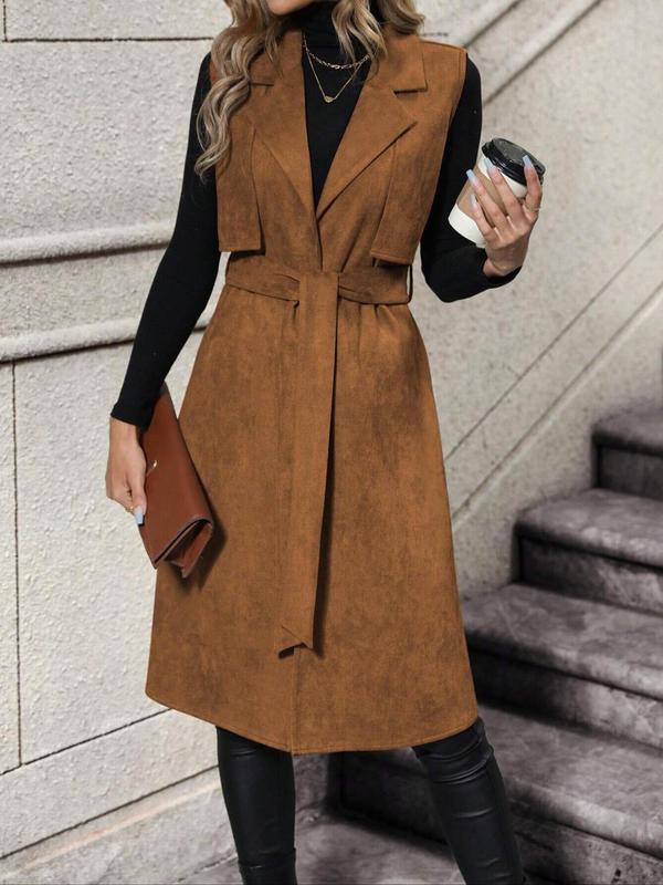 Women's Solid Lapel Belted Vest Coat, Coats for Women, Casual Fashion Longline Outerwear for Daily Outdoor Wear, Women's Clothing for Fall & Winter, Going Out Outfits