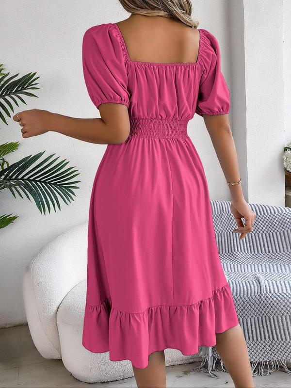 Women's Plain Ruffle Hem Shirred Puff Sleeve A Line Frenchy Style Dress, Elegant Short Sleeve Square Neck Midi Dress for Summer, Back To School Outfits, Summer Dresses, Summer Outfits 2024, Ladies Dress for Beach Holiday, Vintage Clothing