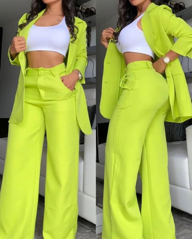 Comfortable and elegant solid color slit lapel suit pocket straight pants suit women fashion clothing