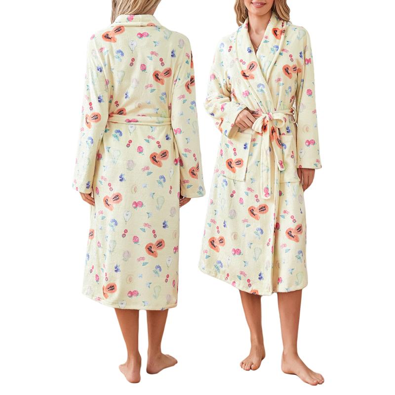 Women Dressing Gown Flannel Robe Floral Print Shawl Collar Bathrobe for Hotel Spa Party Kimono Robe with Belt